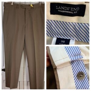 Lands End Traditional Fit Flat Front Wool Dress Pants Mens 38 Tan Office Comfort